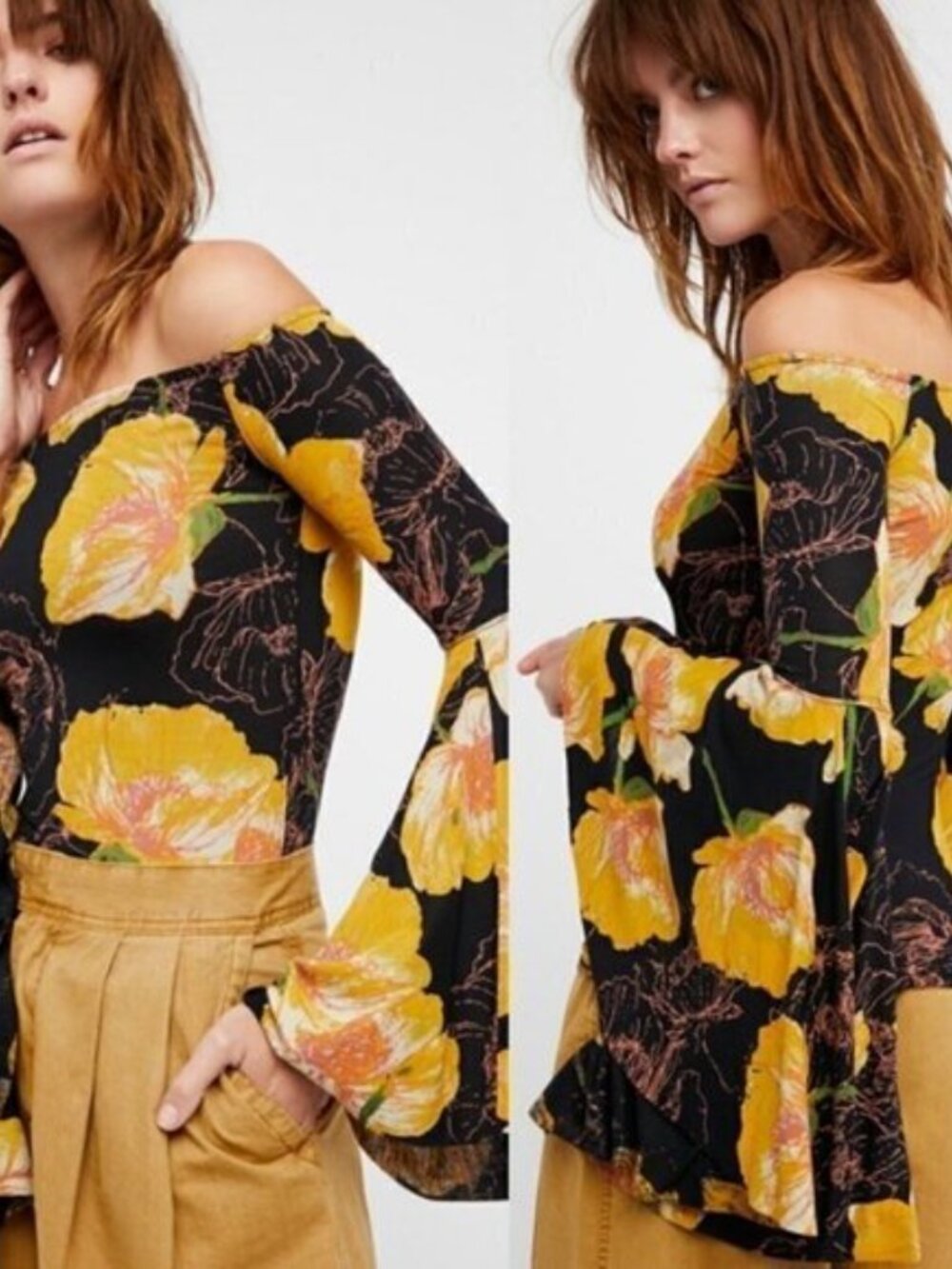 We The Free Bell Sleeve Black Top with Peach and Yellow Floral Print large
